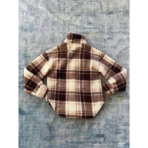 Crave Fame Chocolate Brown Cream Plaid Button Front Faux Sherpa Shacket Junior M - Picture 2 of 5